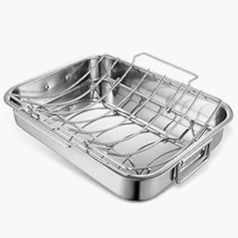 16" Roasting Pan - Stainless Steel Turkey Roaster Pan w/ V Shaped Rack